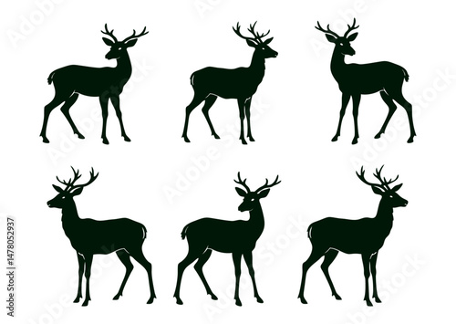 A set of elk or deer silhouettes. Collection of black deer icons.Logo of a deer.Dear simple icon.Reindeer vector symbols with white background
