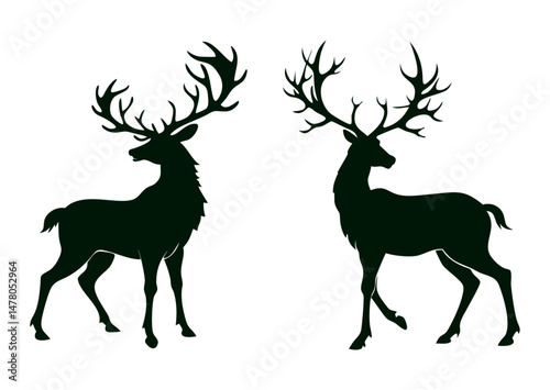 A set of elk or deer silhouettes. Collection of black deer icons.Logo of a deer.Dear simple icon.Reindeer vector symbols with white background