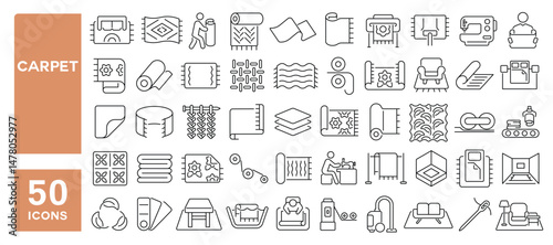 Set of 50 line icons related to carpet, rug, ornate, mat, floor cover, rolled carpet, Editable stroke. Vector illustration