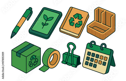 Isometric flat vector set of illustrations of sustainable office supplies: refillable pen, paperless pad, recycled notebook, bamboo desk organizer, green shipping box, biodegradable tape, reusable