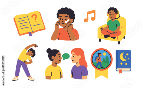 Isometric flat vector set of illustrations of teen self-care checklist: journal prompt, skincare step, music escape, quiet hour, stretch guide, friend chat, nature walk badge, sleep tracker.