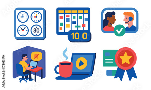 Isometric flat vector set of illustrations of virtual coworking space: time zone clock, shared task board, online timer, accountability partner icon, silent workroom, digital coffee break, project