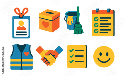 Isometric flat vector set of illustrations of youth volunteer program: registration badge, donation box, clean-up kit, help schedule, event vest, team handshake, task list, smile icon.