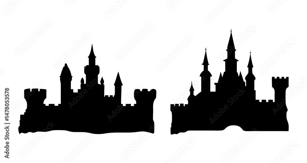 A Sat of Castle silhouette, medieval fortress outline for fairytale design, fantasy art, storybook illustration with white background A Sat of Castle silhouette, medieval fortress outline for fairytale design, fantasy art, storybook illustration with white background