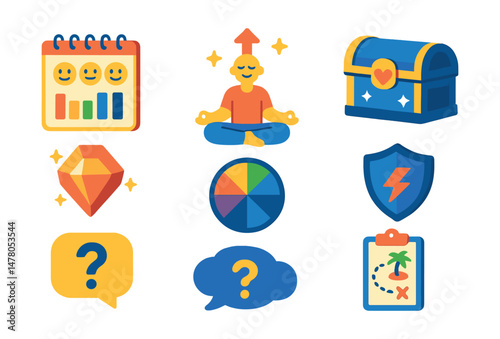 Isometric flat vector set of illustrations of gamified mental health tools: daily mood tracker, meditation level-up, progress gem, wellness wheel, calm reward chest, anxiety shield, self-talk prompt,