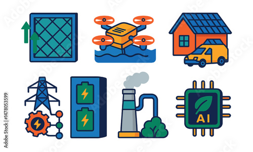 Isometric flat vector set of illustrations of climate tech innovations: air filter panel, ocean cleanup drone, solar tile roof, battery storage system, smart grid icon, carbon capture tower, electric