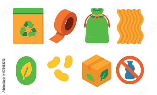 Isometric flat vector set of illustrations of climate-friendly packaging: compostable mailer, paper tape roll, reusable pouch, corrugated wrap, biodegradable label, starch peanuts, package icon with
