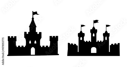 A Sat of Castle silhouette, medieval fortress outline for fairytale design, fantasy art, storybook illustration with white background