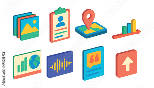 Isometric flat vector set of illustrations of climate storytelling tools: photo series icon, youth testimony form, digital map pin, climate timeline, infographic panel, voice clip frame, impact quote