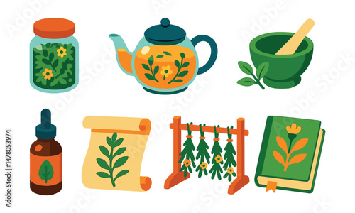Isometric flat vector set of illustrations of DIY herbal remedies: dried herb jar, infusion teapot, salve tin, mortar and pestle, tincture dropper, herbal recipe scroll, drying rack, field guide book