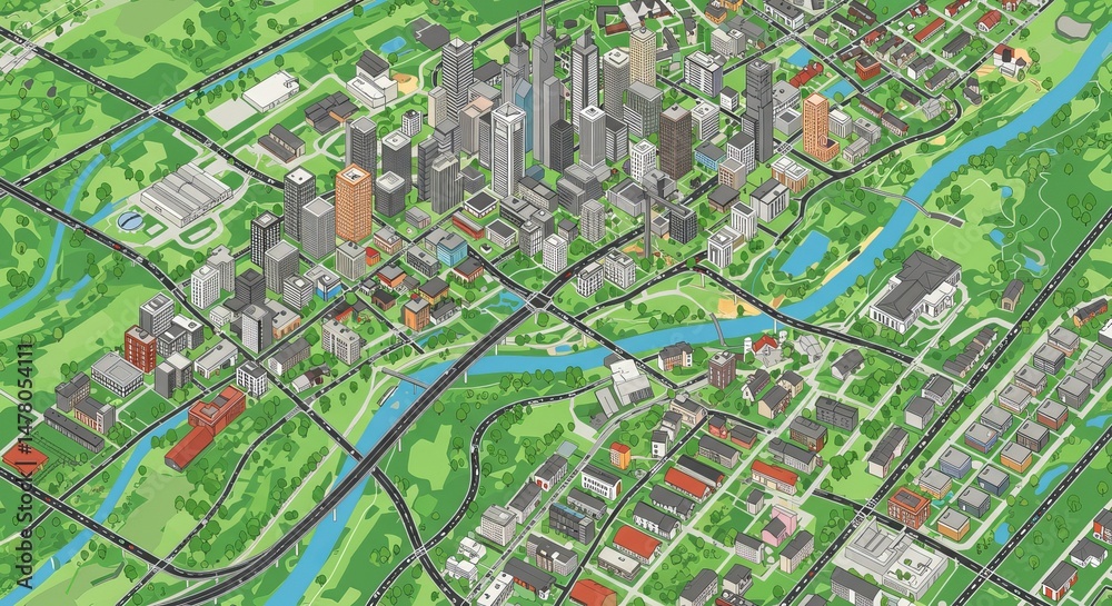 Obraz premium Cityscape Isometric urban design river flows