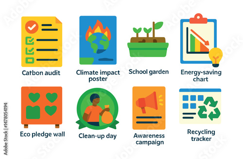 Isometric flat vector set of illustrations of student climate action project: carbon audit form, climate impact poster, school garden icon, energy-saving chart, eco pledge wall, clean-up day badge,