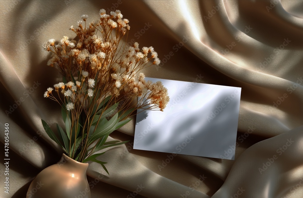 Elegant Vase With Dried Flowers and Blank Card on Soft Fabric Backdrop