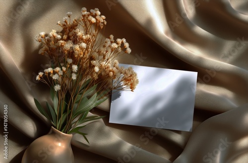 Obraz na płótnie Elegant Vase With Dried Flowers and Blank Card on Soft Fabric Backdrop w salonie