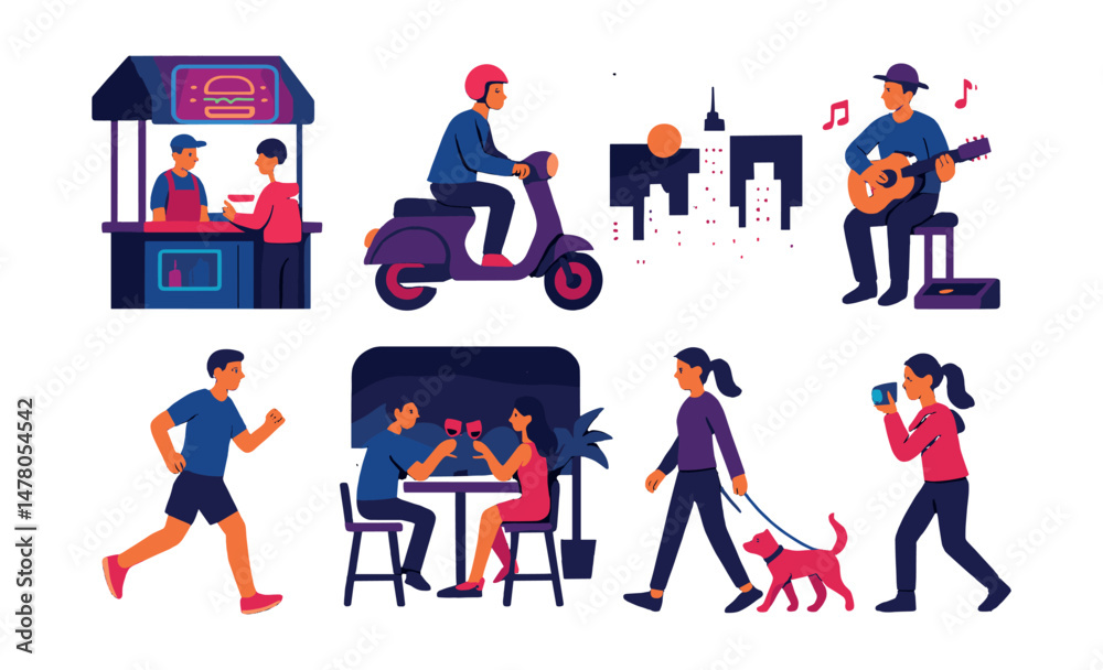 Isometric flat vector set of illustrations of night city lifestyle: neon food stall, scooter ride, city skyline, street musician, night jogger, rooftop bar, urban dog walk, street photo session. Isometric flat vector set of illustrations of night city lifestyle: neon food stall, scooter ride, city skyline, street musician, night jogger, rooftop bar, urban dog walk, street photo session.