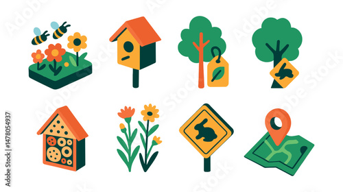 Isometric flat vector set of illustrations of urban biodiversity: pollinator patch, birdhouse icon, urban tree tag, insect shelter, native plants row, animal crossing sign, citizen science app, green