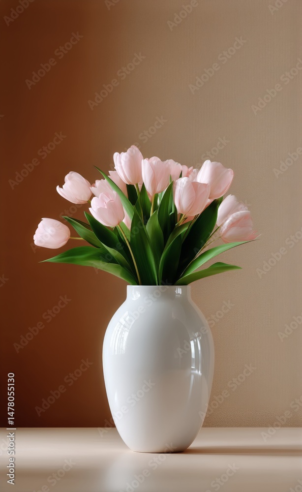 Delicate Pink Tulips Arranged in a Simple White Vase on a Wooden Table Indoors