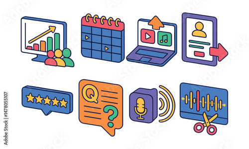 Isometric flat vector set of illustrations of podcast growth tools: audience analytics chart, episode calendar, cross-platform upload, guest booking form, feedback star system, listener Q&A box,