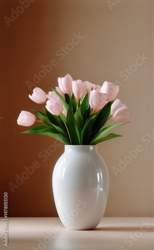 Obraz na płótnie Delicate Pink Tulips Arranged in a Simple White Vase on a Wooden Table Indoors w salonie