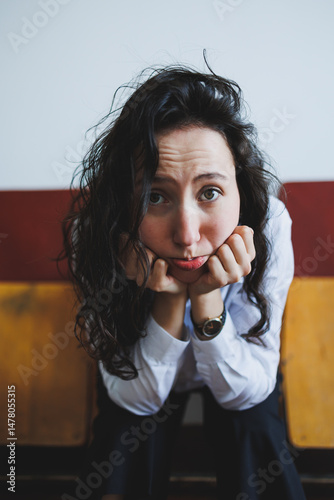 A Pensive Young Woman with Beautiful Curly Hair is resting her Chin on her Hands amidst a Minimalist Setting, showcasing a sense of tranquility and deep thoughtfulness in her expression