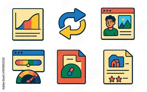 Isometric flat vector set of illustrations of digital storytelling tools: narrative arc chart, plot twist icon, character builder, setting description sheet, tone adjustment tab, pacing meter, story