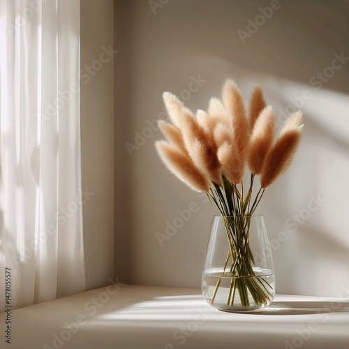 Elegant Arrangement of Soft Pampas Grass in a Glass Vase Near a Sunlit Window
