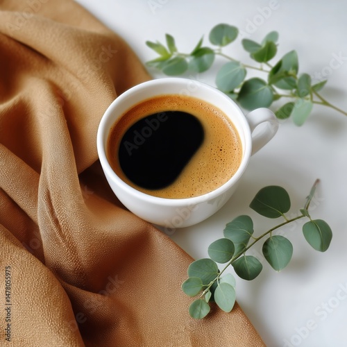 Savoring a Warm Cup of Freshly Brewed Coffee Surrounded by Greenery in a Sere...