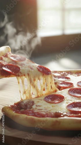 Steaming Pepperoni Pizza Slice for Restaurant Menus and Food Delivery Ads