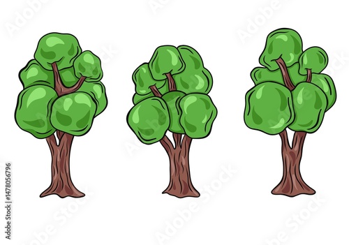 Set of cartoon trees. Design illustration for agricultural garden, nature park, comic landscape, game.