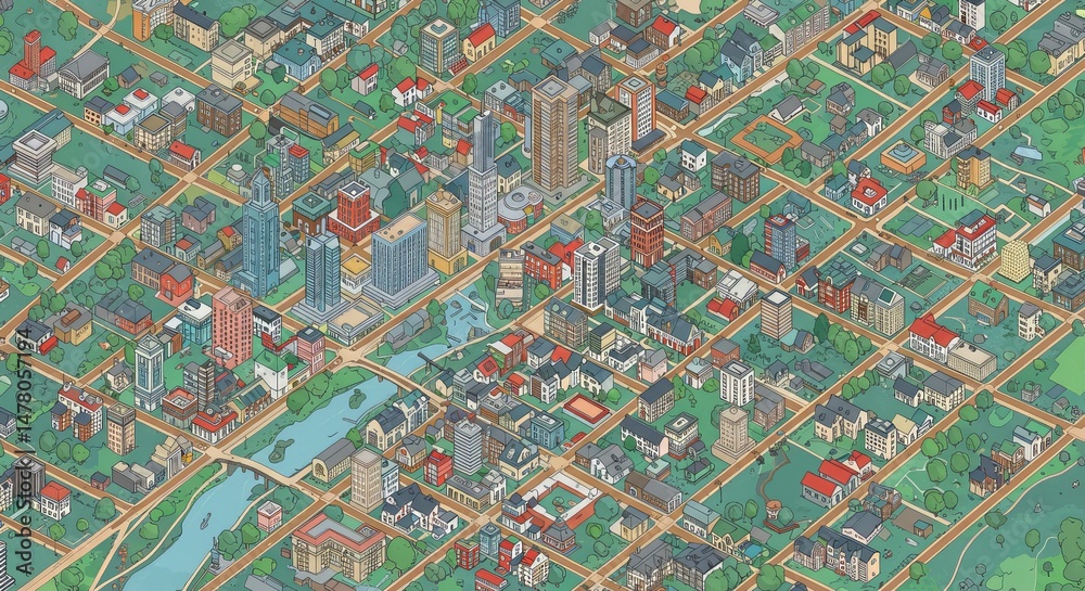 Fototapeta premium Quaint cityscape with lush greenery intertwining throughout