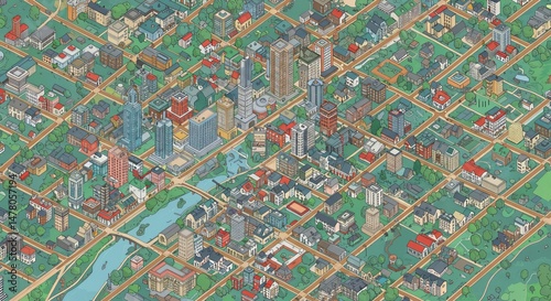 Quaint cityscape with lush greenery intertwining throughout