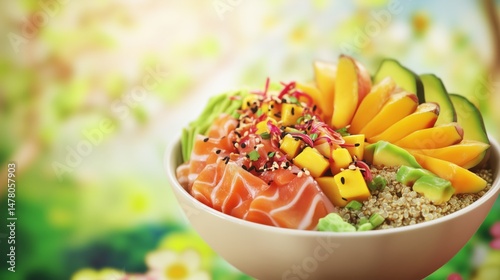 Background black poke bowl with salmon, avocado, and cucumber for menu presentation
