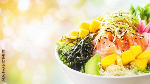 Poke bowl with pink tuna, yellow mango and green salad for menu presentation