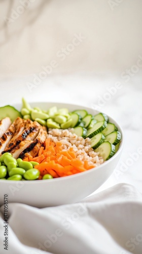 Healthy Chicken Buddha Bowl with Vegetables and Grains on Light Background
