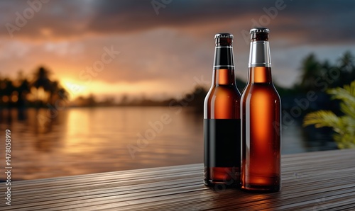Evening Sunset by the Water With Two Bottles of Craft Beer on a Wooden Table