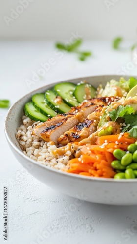 Healthy Chicken Buddha Bowl with Vegetables and Grains on Light Background