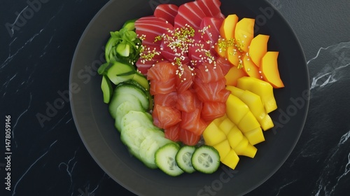 Colorful Poke Bowl with Tuna, Salmon, Mango and Fresh Vegetables on Dark Marble Background
