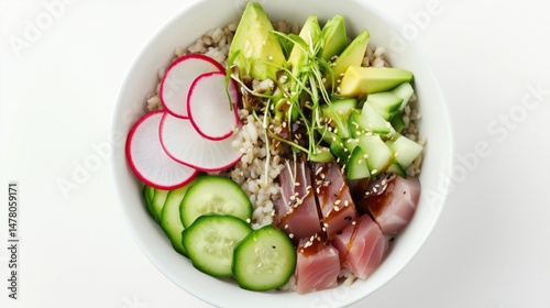 Poke bowl with pink tuna, yellow mango and green salad for menu presentation