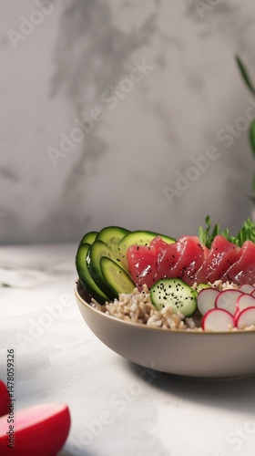 Poke bowl with pink tuna, yellow mango and green salad for menu presentation