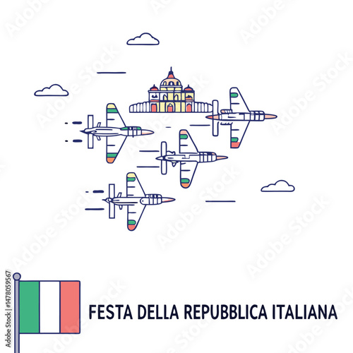Italian air force aerobatic team flying over landmark during festa della repubblica