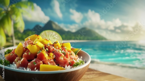 Poke bowl with pink tuna, yellow mango and green salad for menu presentation