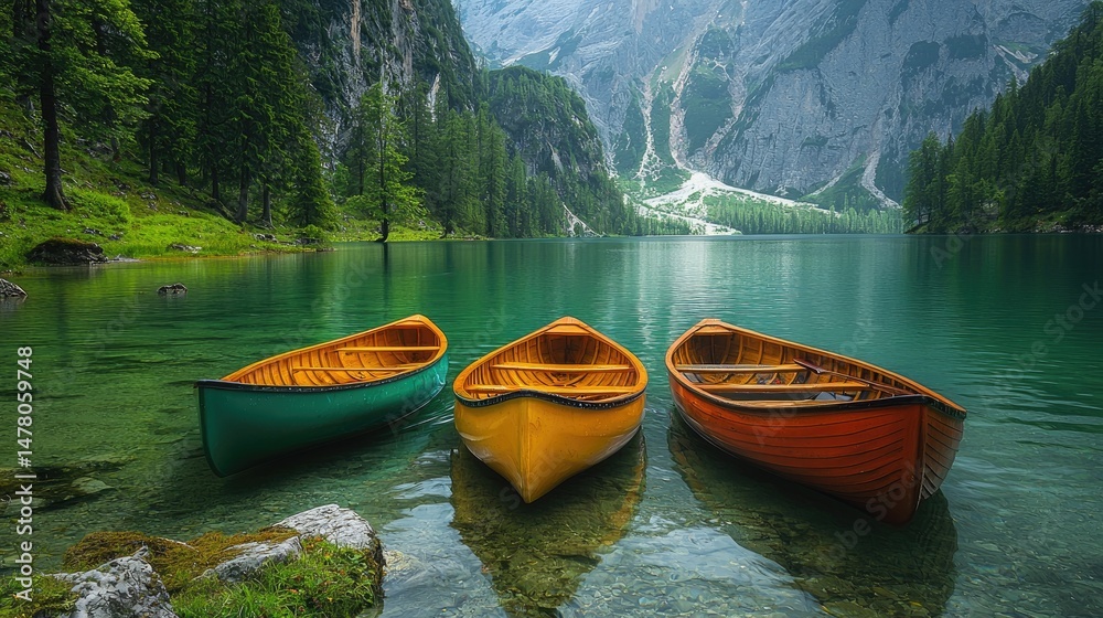Scenic view of three colorful boats on a tranquil lake surrounded by mountains Scenic view of three colorful boats on a tranquil lake surrounded by mountains