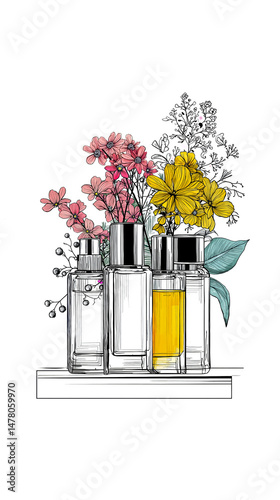 A drawing of three bottles of perfume with flowers in them