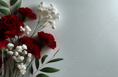 Beautiful Arrangement of Red Carnations and White Flowers Against a Minimalis...