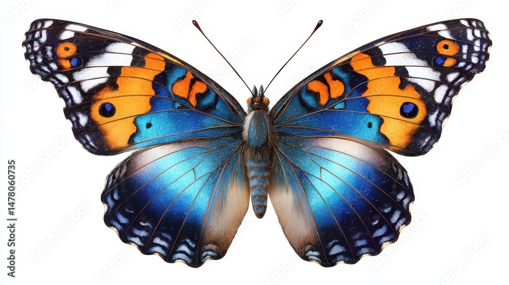 Fototapeta premium Colorful and Vibrant Butterfly with Striking Blue, Orange, and Black Patterns Captured Against White Background for Nature and Art Projects