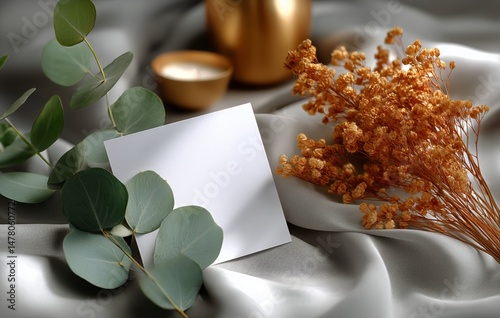 Decorative Flat Lay Featuring Greenery and Natural Elements on a Soft Fabric ...