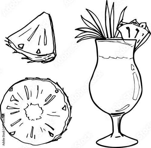 Pina colada cocktail set ink outline hand drawn drink and slices of pineapple