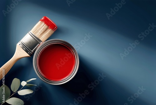 Bright Red Paint and Brush Ready for a Creative Project in a Stylish Workspac...