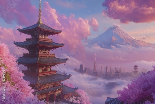 Mountain Fuji stands alongside the Chureito red pagoda with blooming cherry blossom sakura