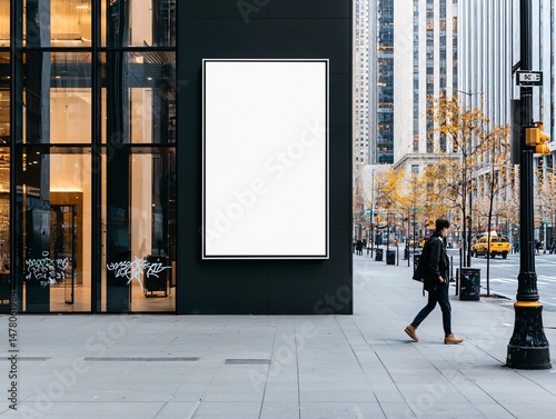 blank billboard with white edges integrated into a residential tower's side wall, graffiti at the base, HVAC units, subtle shadow fall from nearby poles